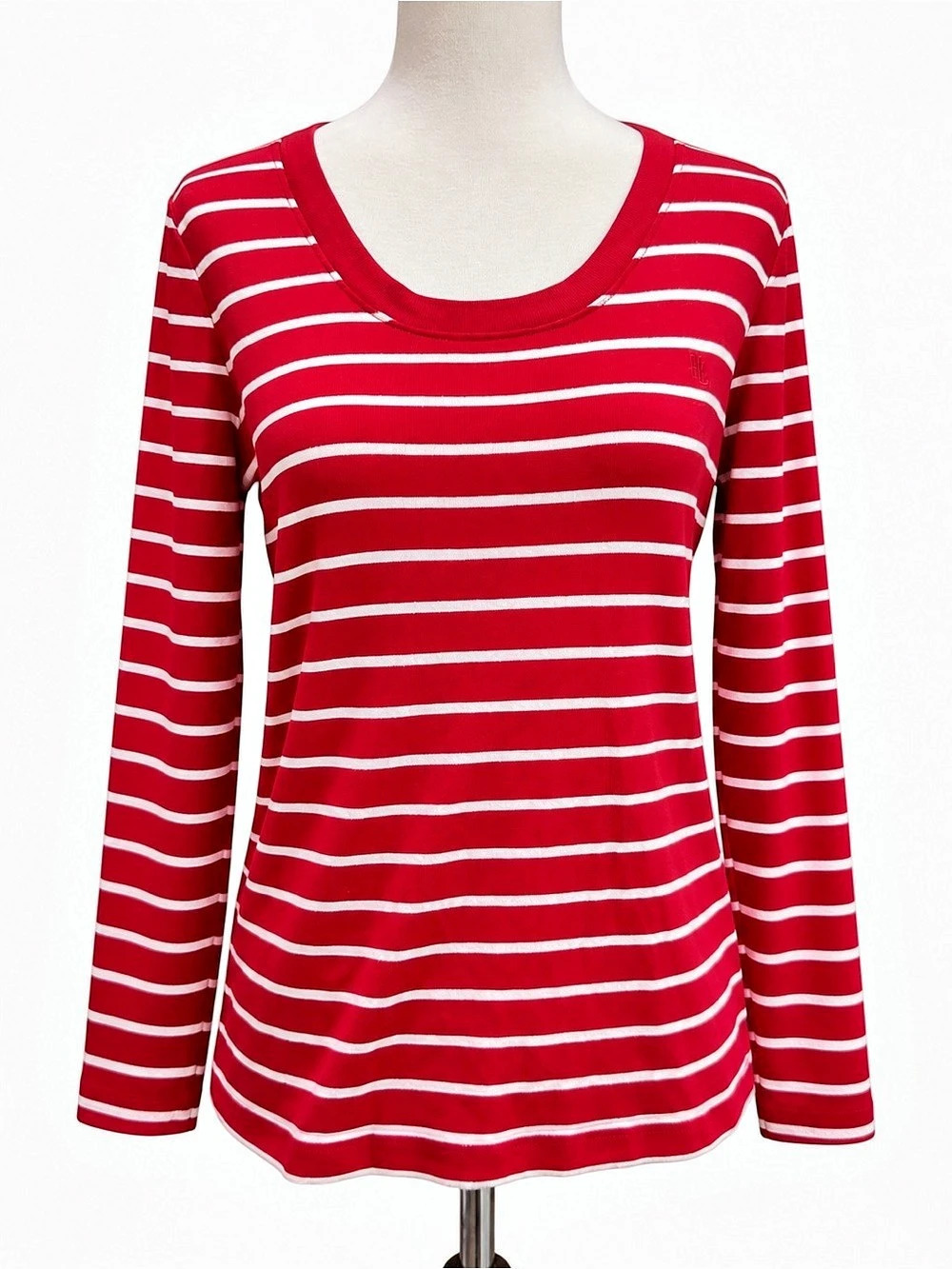 Lauren Ralph Lauren Striped Long Sleeve Tee in Red & White Size Medium